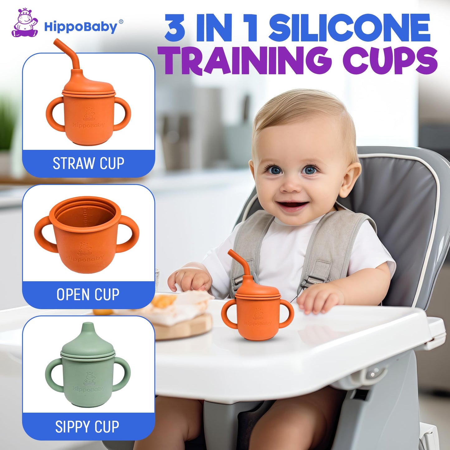 Hippobaby Silicone Transition Sippy Cup For 6+ Month Old | Includes 1 Toddler Straw Cup & 1 Sippy Cup With Handles 5 Oz| Silicon