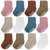 Jakidar 12 Pack Baby Socks Cotton Crew Toddler Socks Grips Non Slip Bottom Kids Socks, Pink Blue Brown Khaki 4-7T