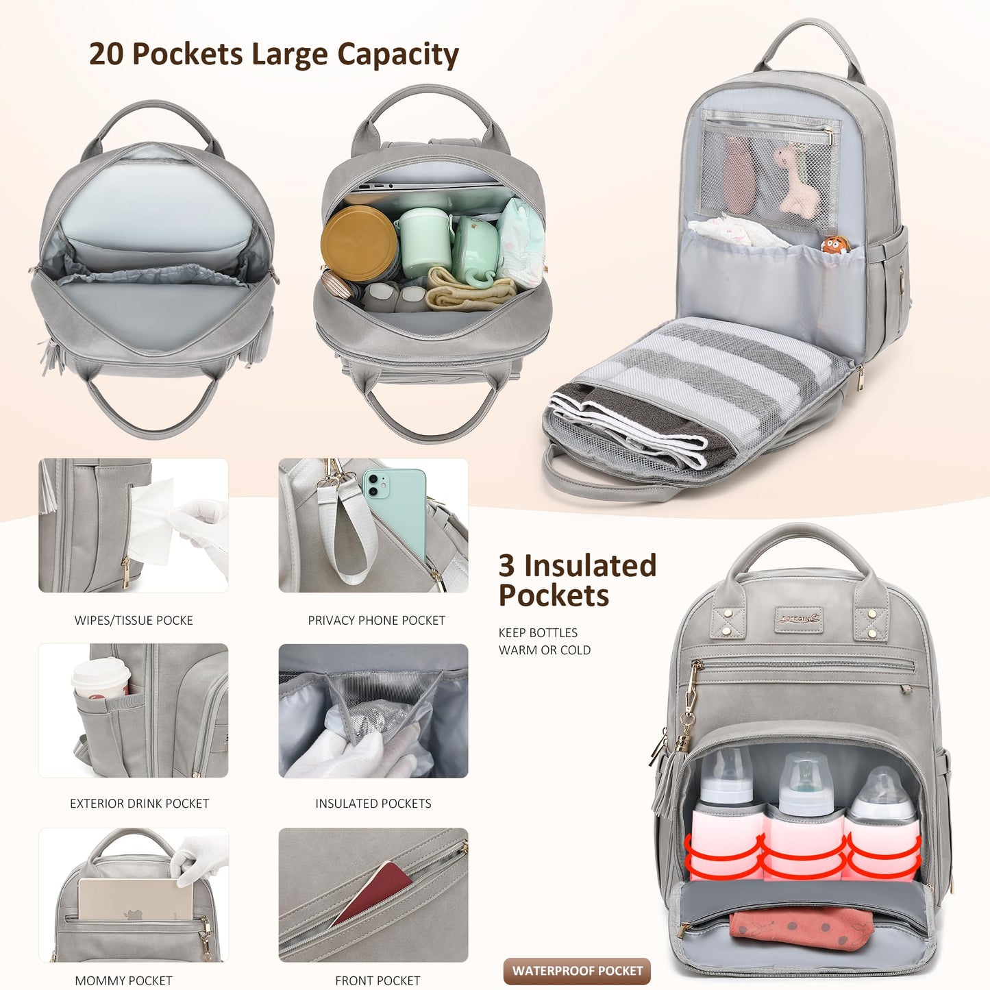 Rosegin Vegan Leather Diaper Bag Backpack For Boy Girl With Changing Pad And Pacifier Case, Waterproof, Travel Baby Bag Backpack