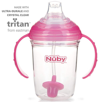 Nuby 360 Grip N' Sip 8Oz Tritan Cup, Weighted Straw With Hygienic Cover, Pink