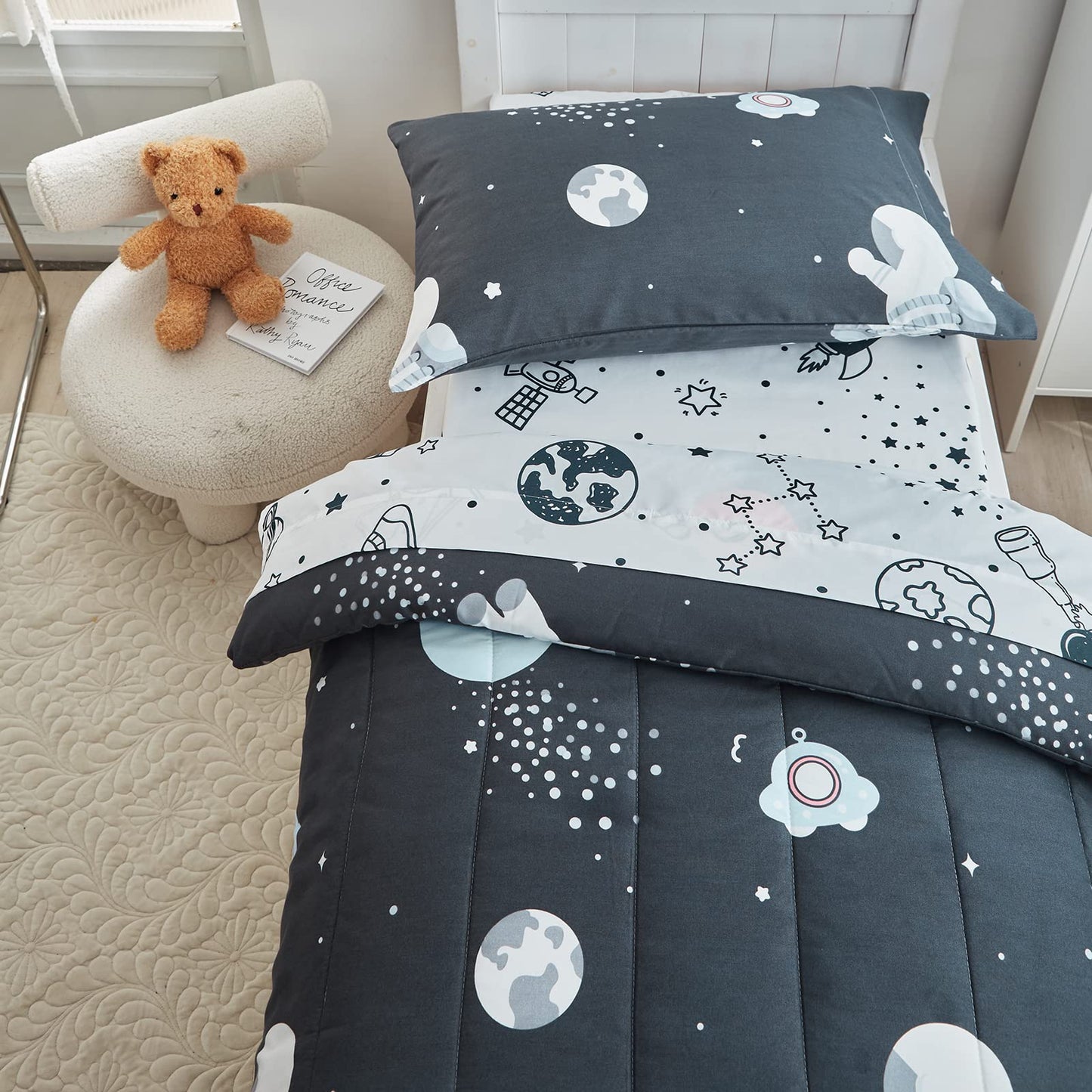 4 Pieces Toddler Bedding Set Space Theme For Baby Boys, Astronaut Planet Rocket Print On Black, Includes Comforter, Flat Sheet,