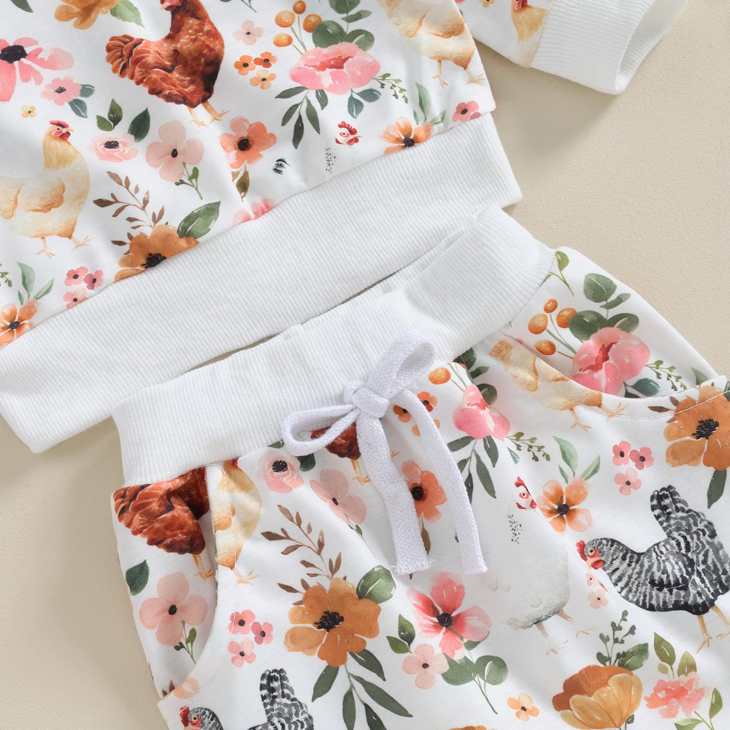 Shuing Toddler Infant Girl Boy Farm Outfit Chick& Flower Print Long Sleeve Sweatshirts Elastic Waist Pants Fall Clothes (White,