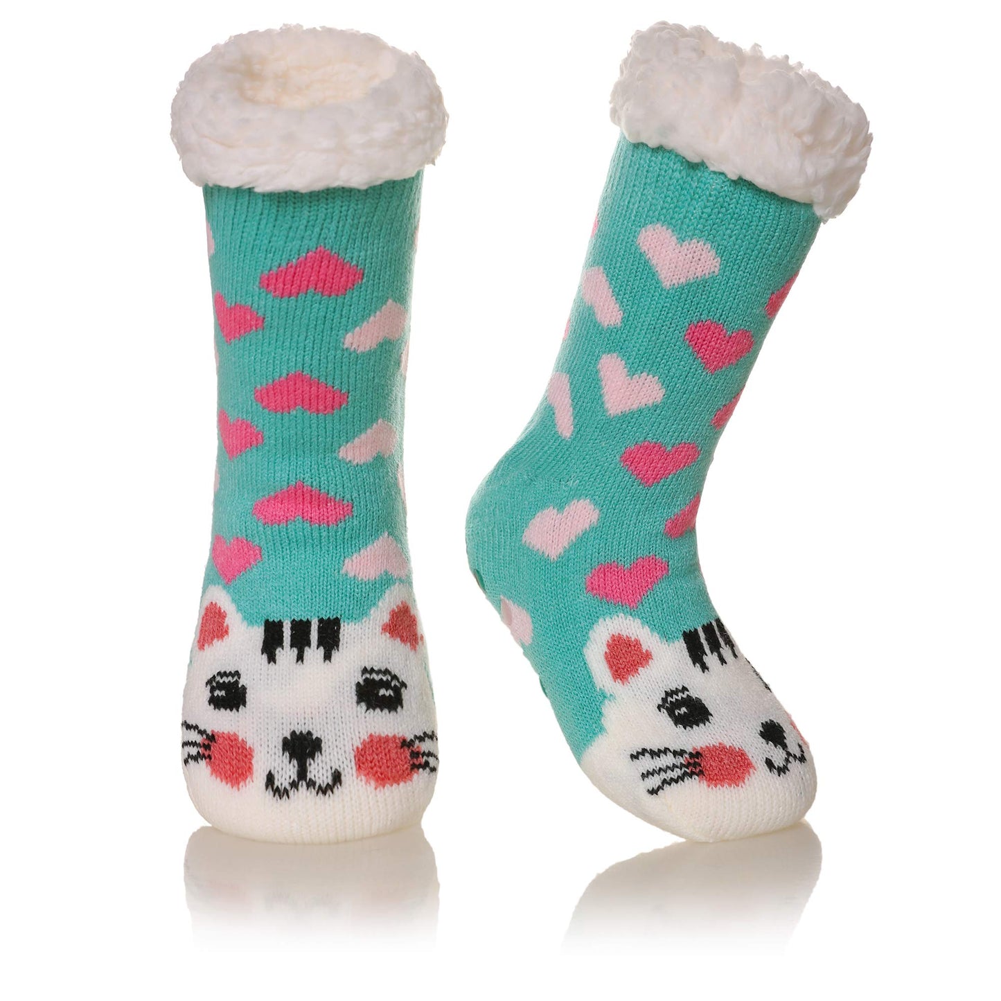 Seeyan Kids Boy Girl Soft Thick Warm Slipper Socks Winter Fleece Fuzzy Non-Skid Children Home Socks (Green Cat, 8-12 Years)