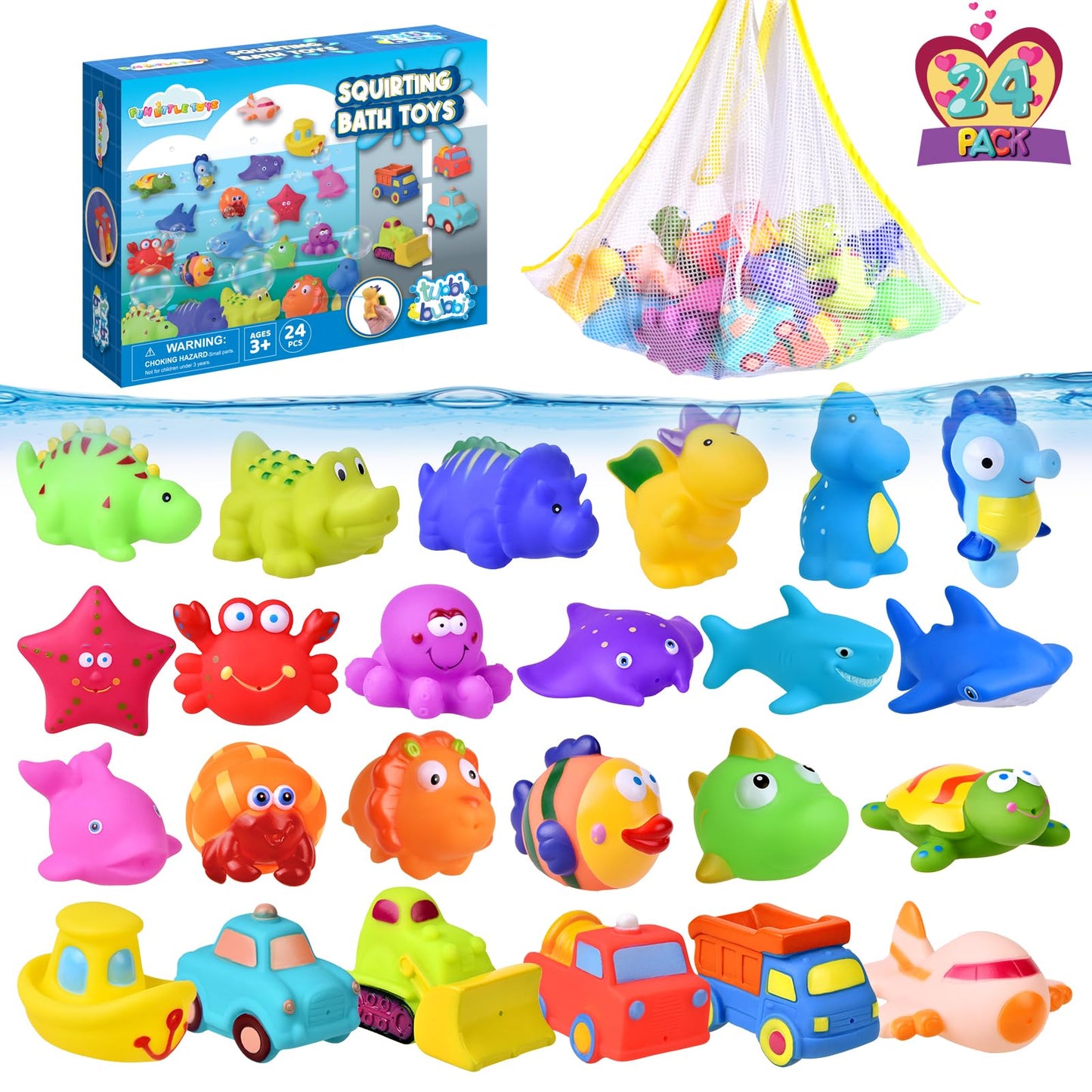 FUN LITTLE TOYS 24 Pcs Bath Toys for Toddlers, Sea Animals & Cars Squirter Bath Toys, No Mold Bathtub Toys with Storage Bag , Ba