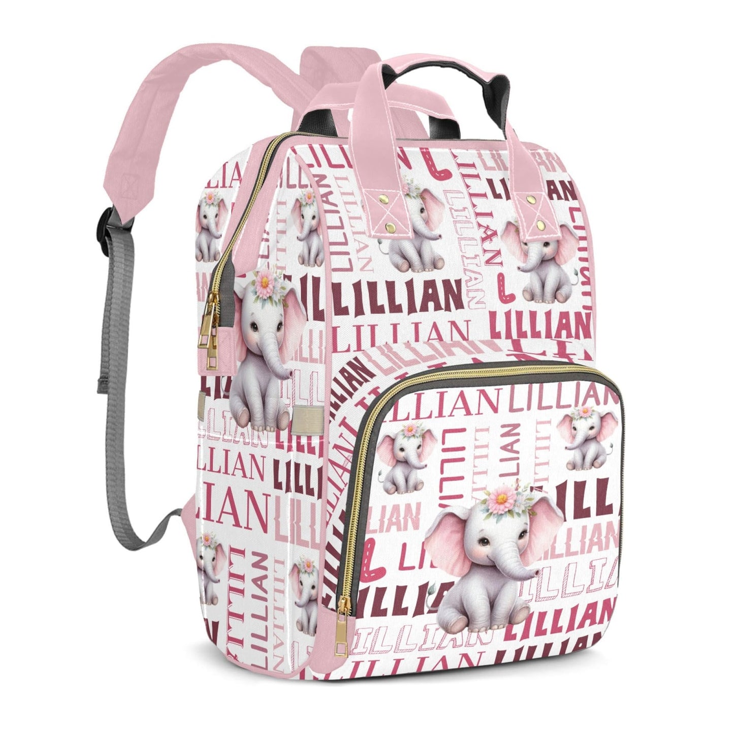 Perarts Custom Diaper Bag Mommy Bag with Multi-function Shoulders Outdoor Backpack for Newborn Baby Boy Elephant, Pink Customize