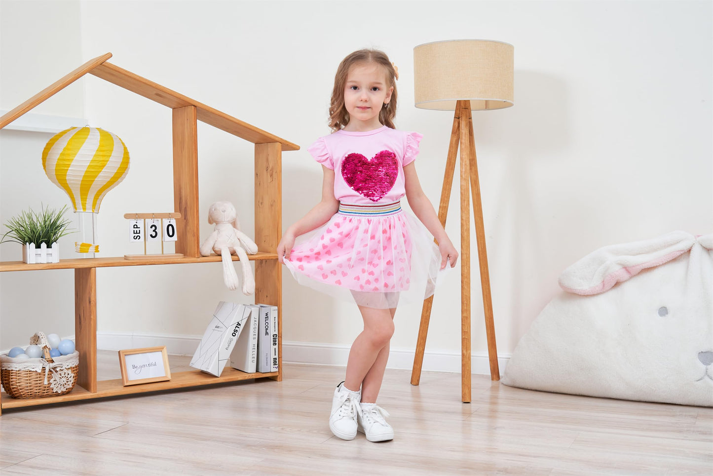 Toddler Girls Heart Skirt Set Summer Valentines Day Outfit Kids Flutter Sleeve Shirt Pink Tulle Skirts Tutu Heart Print Dress 2-