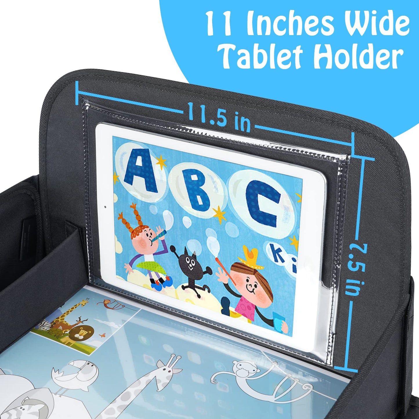 Menzoke Kids Travel Tray, Travel Tray For Kids Car Seat With Educational Drawing Board,Tablet Holder & Cooler Cup Holder, Portab
