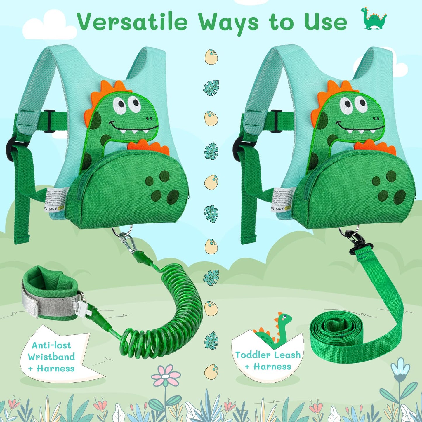 Dr.Meter 3 In 1 Toddler Harness Leash + 8.2Ft Anti Lost Wrist Link, Cute Dinosaur Kids Safety Harness Tether With Key Lock, Chil