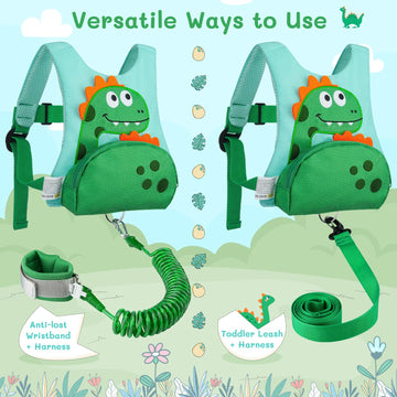 Dr.Meter 3 In 1 Toddler Harness Leash + 8.2Ft Anti Lost Wrist Link, Cute Dinosaur Kids Safety Harness Tether With Key Lock, Chil