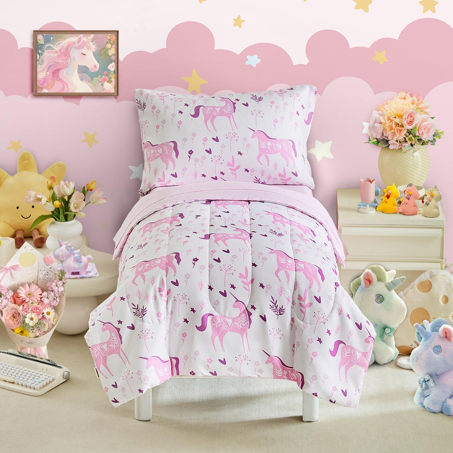 Unicorn Toddler Bedding Set for Girls Light Pink Unicorn Flowers 4PC Toddler Bed Set - Soft Blue Yellow Butterfly Cute Princess