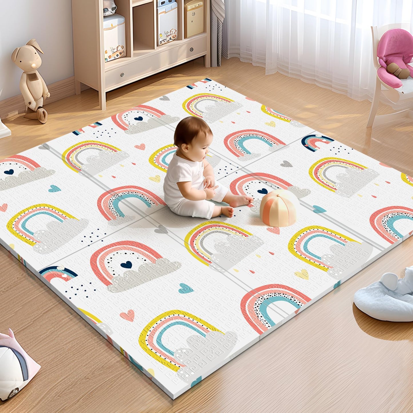 Noonkty Foldable Foam Baby Play Mat for Floor, Babies Activity Tummy Time Playmat, Kids Non Toxic Foam Thick Play Mat for Baby,
