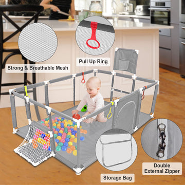 Large Playpen For Babies And Toddlers - Baby Ball Pit Kids Play Pen Sturdy Play Yard W/Basketball Hoop, Children'S Fence Play Ar