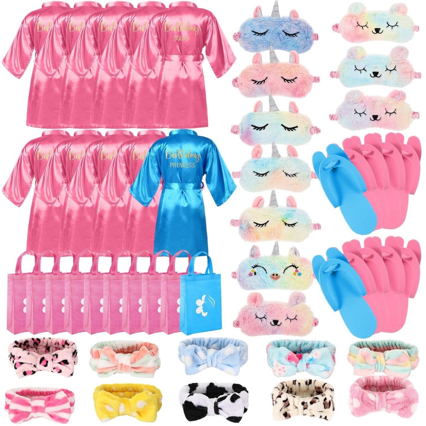 Bonuci 50 Pcs Spa Party Supplies for Girls, 10 Satin Robe 10 Kids Slippers Sleepover Birthday Spa Party Favors (1 Blue, 9 Pink)