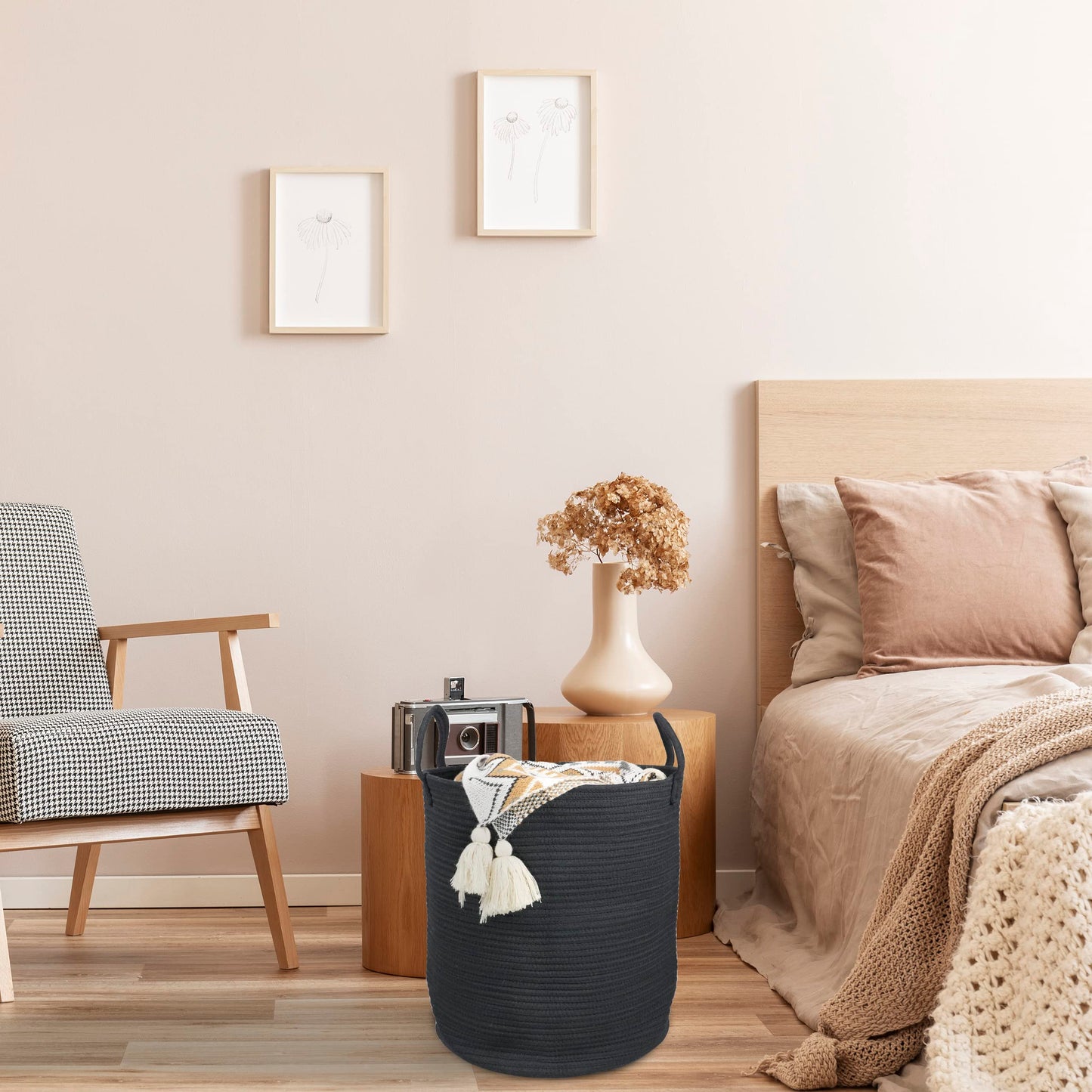 Xuanguo Black Cotton Rope Laundry Basket Hamper For Clothes Woven Storage Basket For Living Room Bedroom Boho Tall Rope Baskets