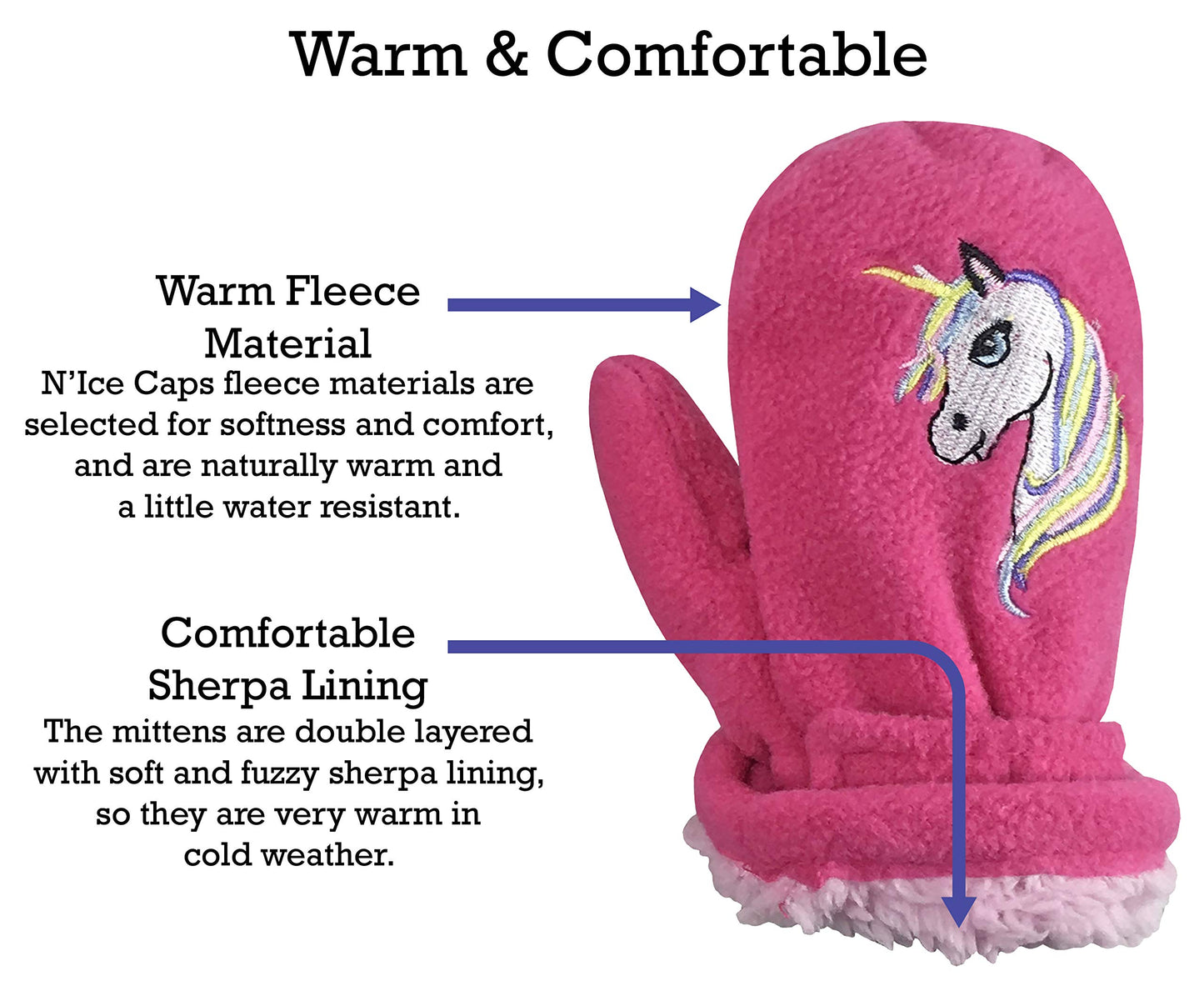 N'Ice Caps Baby Toddler Mittens Kids 2 Pairs Fleece Gloves Winter Warm Sherpa Lined (Fuchsia Unicorn/Light Purple Solid Pack, 2-