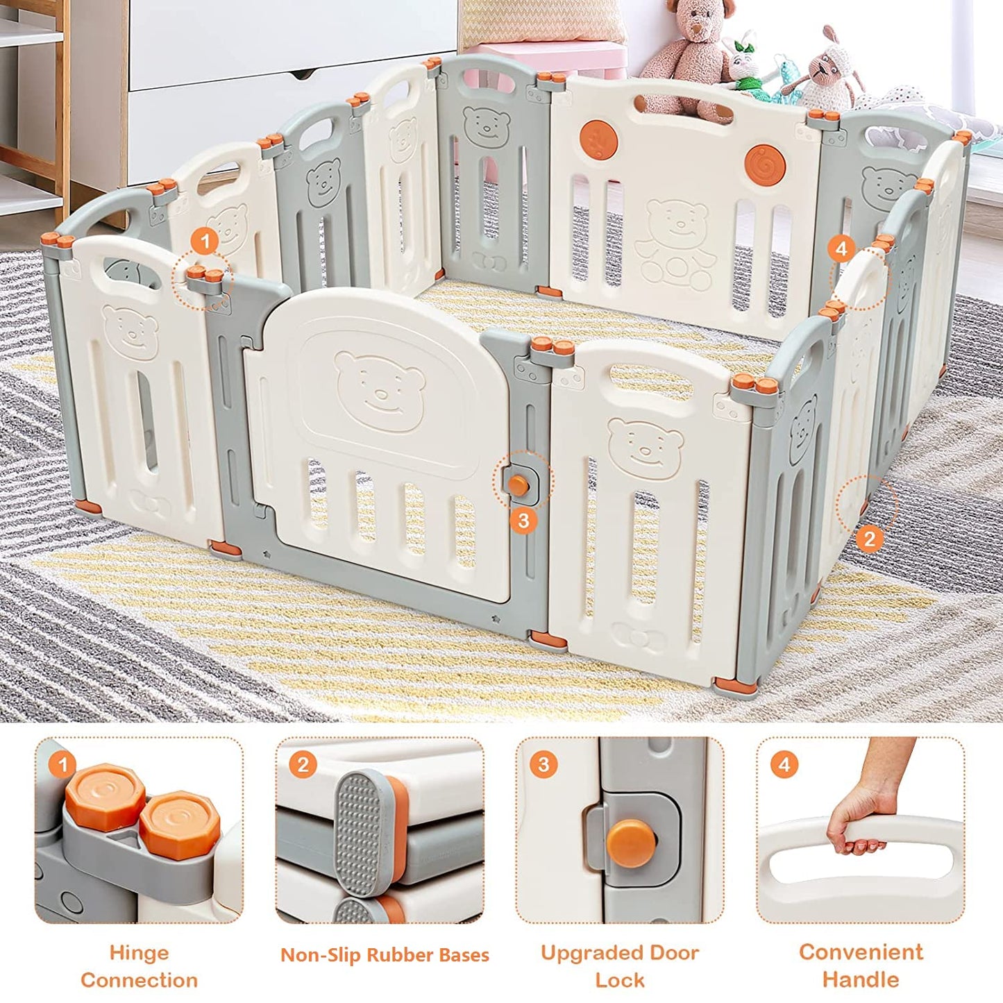 Costzon Baby Playpen, 14-Panel Foldable Large Baby Playard W/Locking Gate, Non-Slip Rubber Bases, Adjustable Shape, Portable Bab