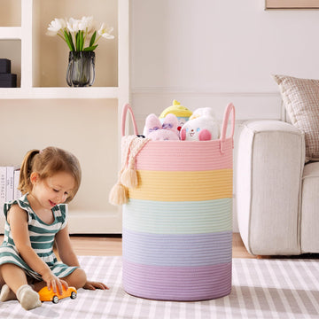 Mojoscend 80L Extra Large Rainbow Baby Girls Hamper Laundry Basket For Kids Nursery Pastel Tall Blanket Basket For Toy Woven Rop