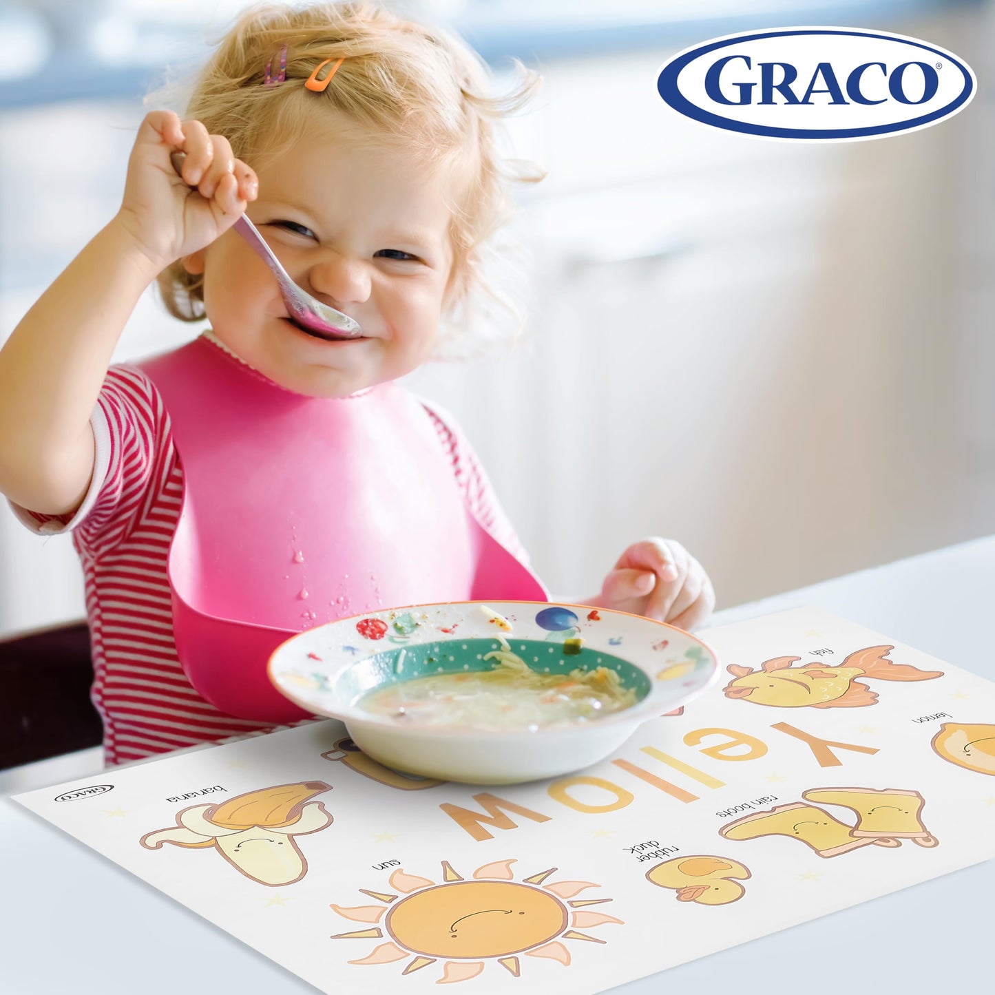 Graco Baby Disposable Stick-On Placemats, 4 Subtle Designs (10 Each), 12'X18' Sticky Placemats With Adhesive Strips For Baby L