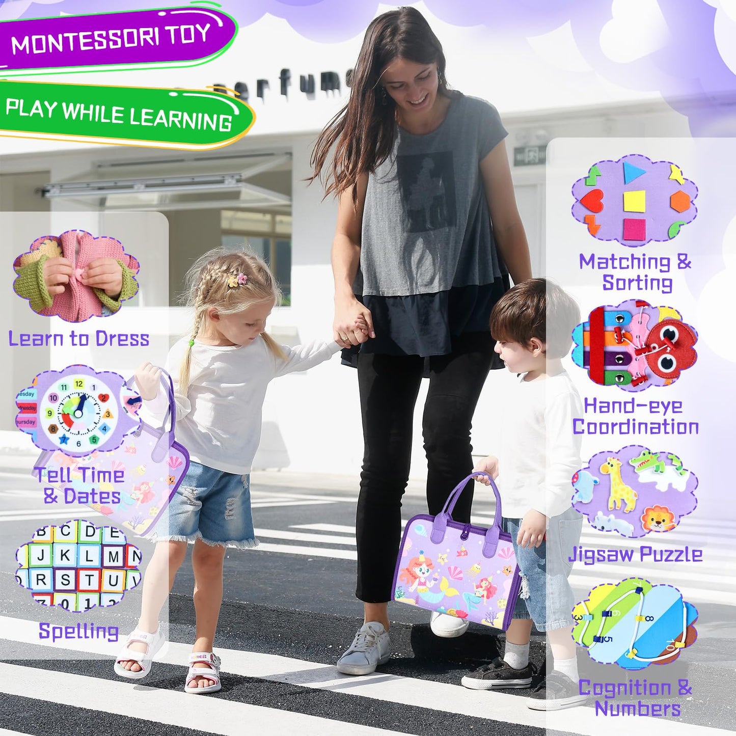 Esjay Toddler Busy Board Montessori Toys for Girls, Sensory Board Educational Activities Learning Fine Motor Skills, Birthday Gi