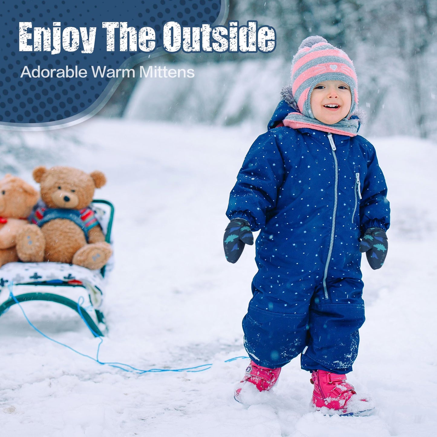 Fynnsure Toddler Mittens Baby Waterproof Snow Gloves Kids Ski Snow Gloves Cold Weather Mittens For Boys Girls Blue&Gray Dinosaur