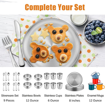 E-Far Stainless Steel Plates Set Of 6, 8-Inch Metal Dinner Plates For Kids Toddlers, Great For Self-Feeding/Picnic/Outdoor Campi