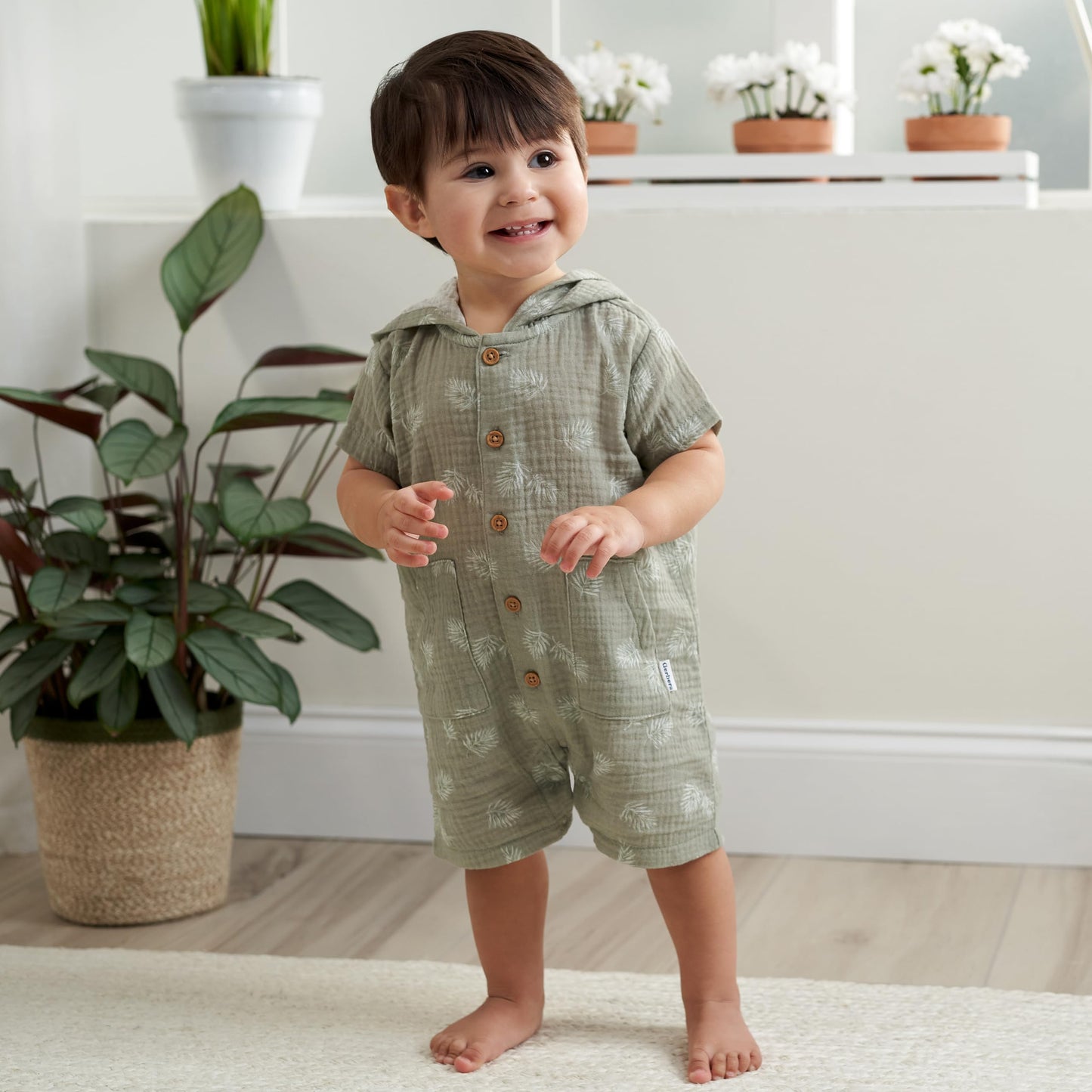 Gerber Baby Boys Hooded Cotton Romper, Palms, 3-6 Months
