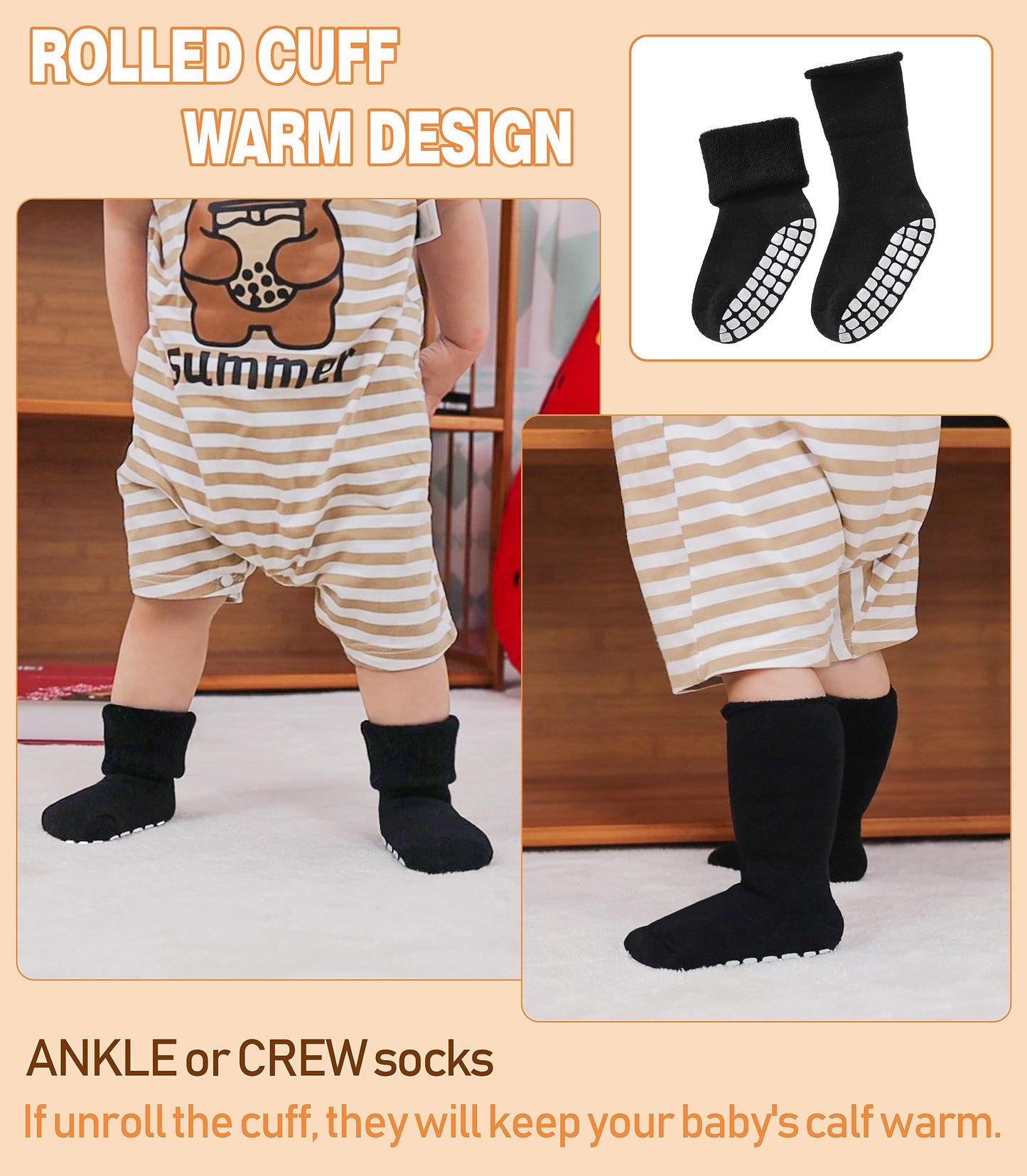Lanleo Baby Girls Boys Non Slip Socks With Grips Toddler Kids Unisex Warm Thick Cotton Ankle Crew Socks With Grippers 2 Black 2