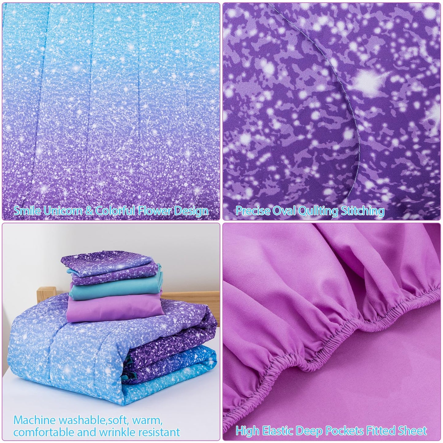 Jqinhome Toddler Comforter For Girls,5 Piece Bed In A Bag 3D Unicorn Sparkle Theme Bedding Set With 2 Pillowcases,1 Flat Sheet,1