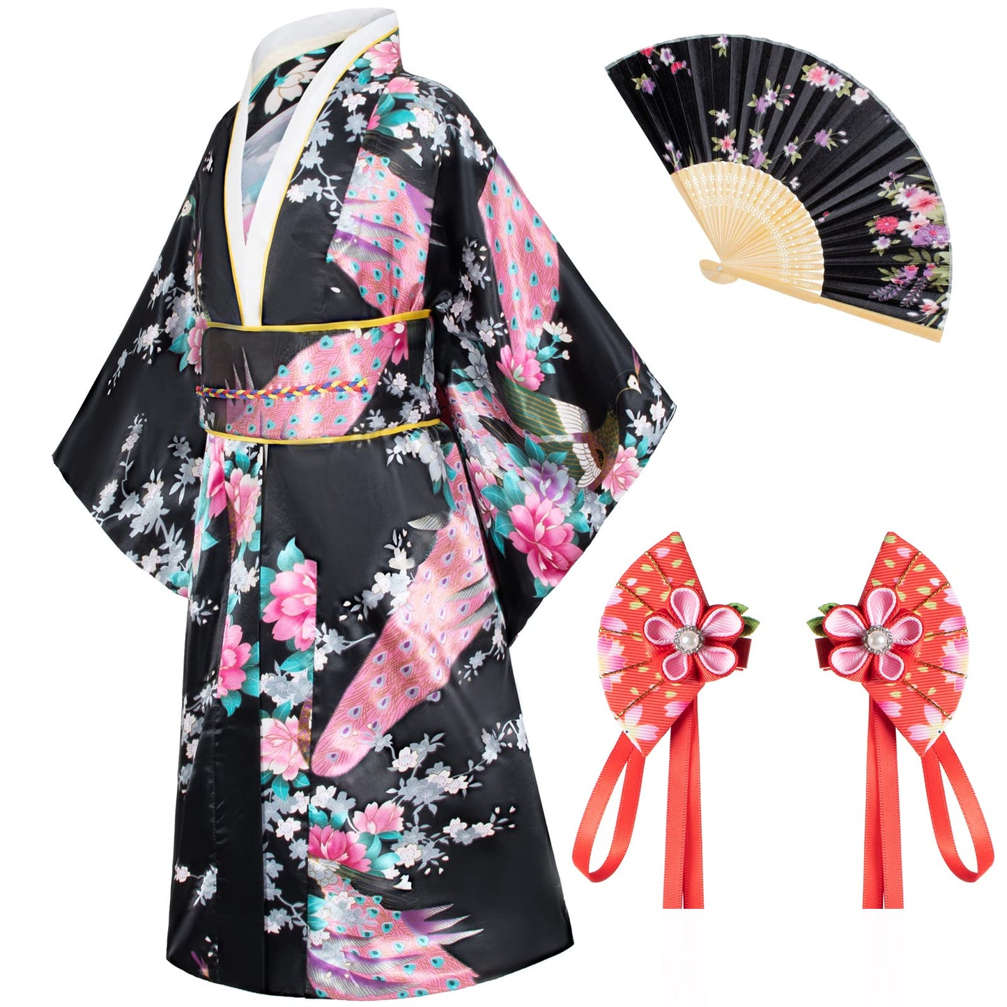 Elibelle Japanese Traditional Dress Kimono Robe For Kids Girls Costume Silk Folding Fans Hairstick Set(Black120Cm)