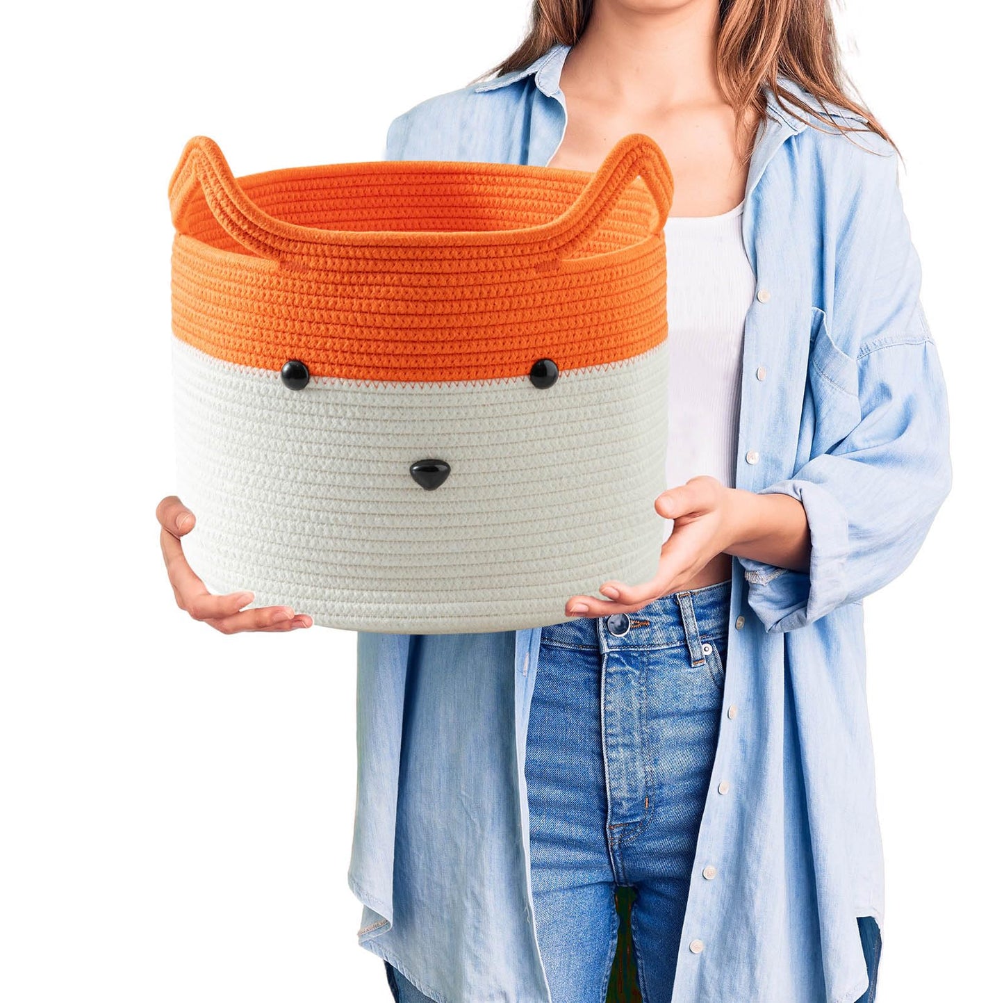 Homeypine Fox Basket, Woven Cotton Rope Storage Basket For Baby, Empty Gift Basket With Handle, Animal Laundry Basket Organizer