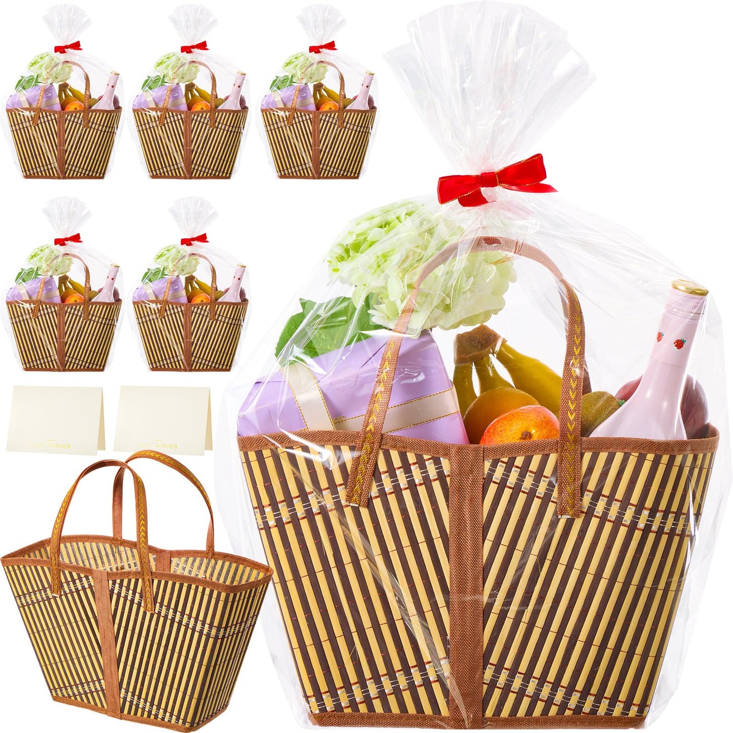 Quzzil 6 Set Baskets for Gifts Empty, Sturdy Large Woven Bamboo Gift Basket Kit with Handle Wrap Bag Red Bow to Fill for Father