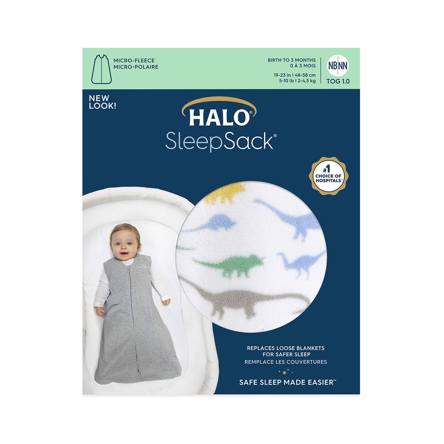 HALO Sleepsack 100% Cotton Wearable Blanket Micro-Fleece, TOG 1.0, Dinos, Medium