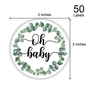 50 Greenery Wreath Oh Baby Gender Neutral Stickers - Baby Shower Favors Stickers - Thank You Labels For Baby Shower 2 Inch.