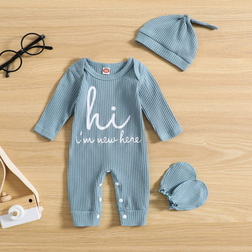 Grnshts Newborn Baby Boy Romper Coming Home Outfits Letter Print Knitted Jumpsuit+Hat+Gloves 3Pcs Clothes Set (Cadetblue, 1-3 Mo