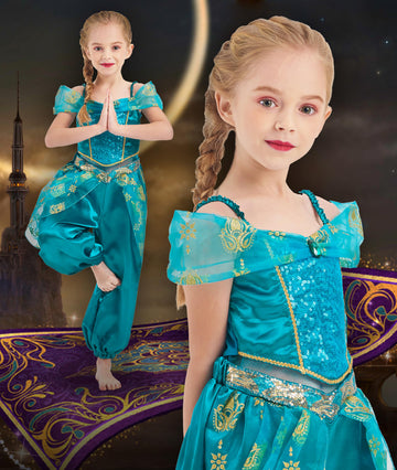 Ikali Princess Dress Up For Girls, Arabian Princess Costume Fancy Dress Kids Toddlers Birthday Party Outfit 7-8 Years Blue