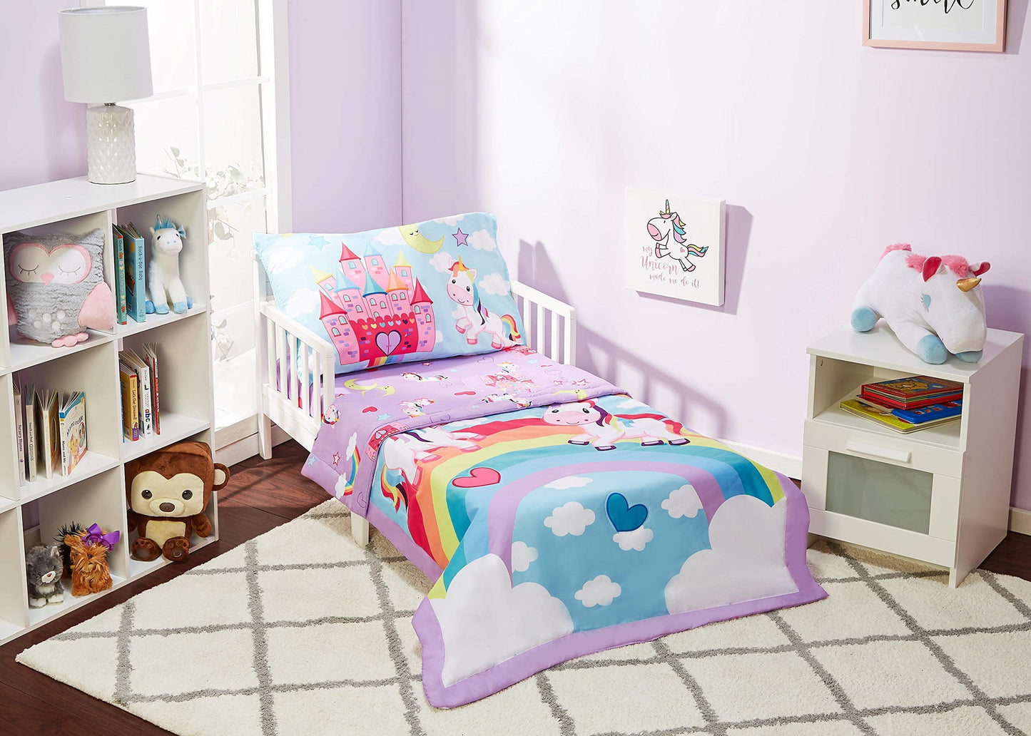 Everyday Kids 4 Piece Toddler Bedding Set - Unicorn Dreams - Includes Comforter, Flat Sheet, Fitted Sheet And Reversible Pillowc