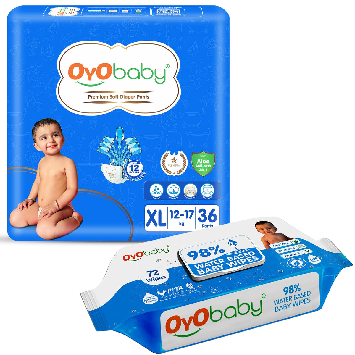 Oyo Baby Diapers | Long Lasting Dry Night & Comfortable Sleep Style Diaper Pants, 36 Count (Pack Of 1), & Oyo Baby Soft Cleaning
