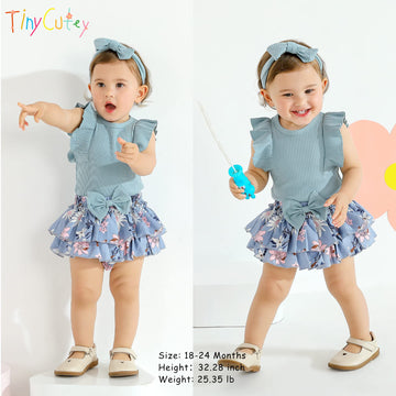 Tiny Cutey Baby Girl Clothes Infant Summer Outfits Set Ruffle Sleeve Romper And Floral Shorts With Headband (Blue Romper And Ruf