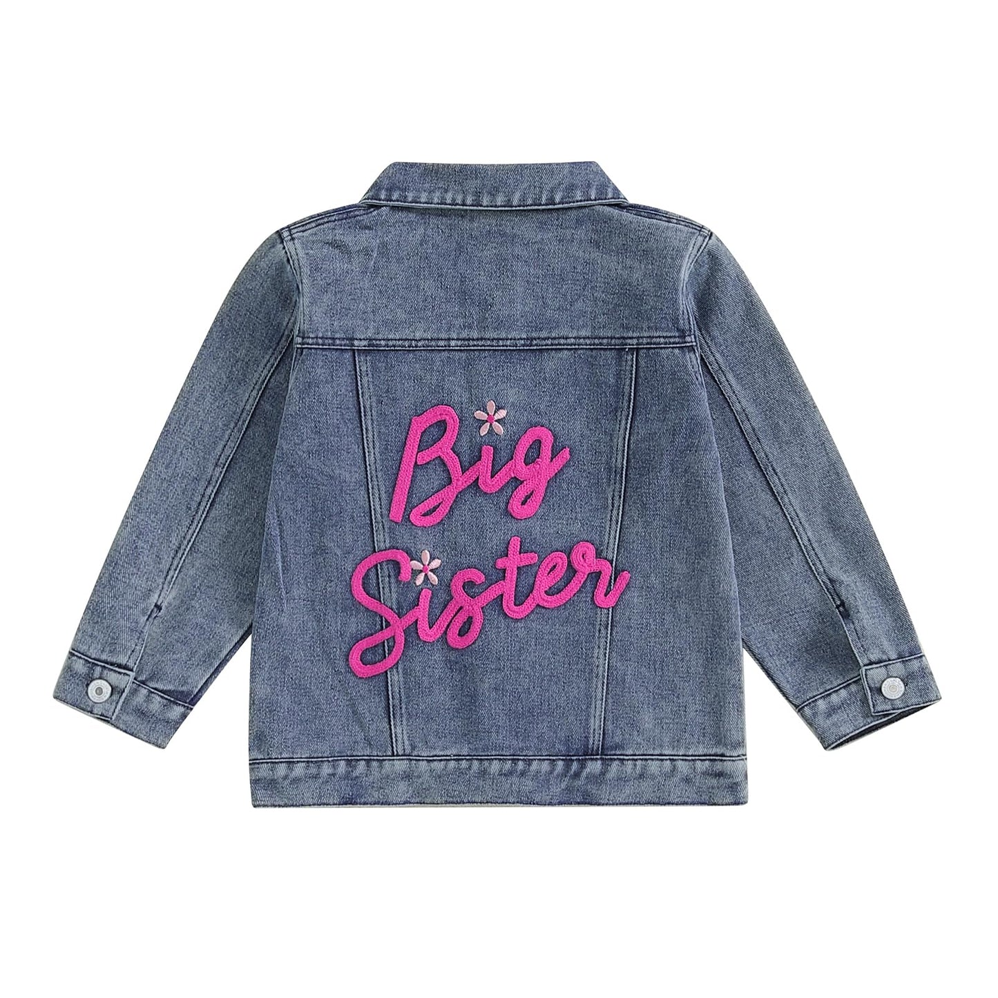 VISGOGO Toddler Baby Girl Jacket Big Lil Sister Letter Embroidery Jean Long Sleeve Cardigan Button Denim Coat (Pink-Big Sis, 4-5