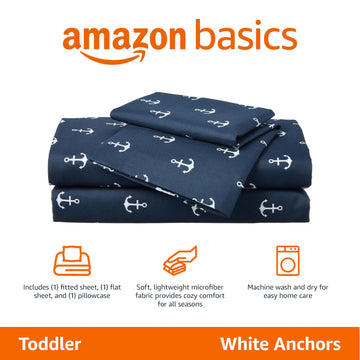 Amazon Basics Kid'S Soft Easy-Wash Lightweight Microfiber 3-Piece Sheet Set, Toddler, Navy, White Anchors