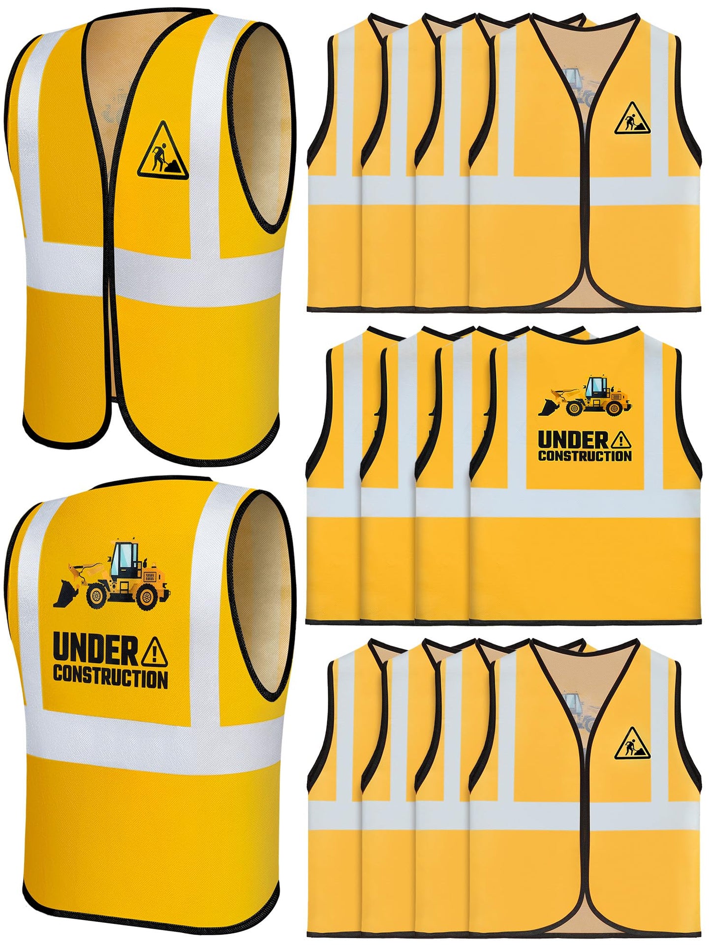 Bokon 12 Pcs Kids Construction Vests, Construction Party Supplies Toddler Worker Costume, Ages for 3-8(Yellow,with Pattern)