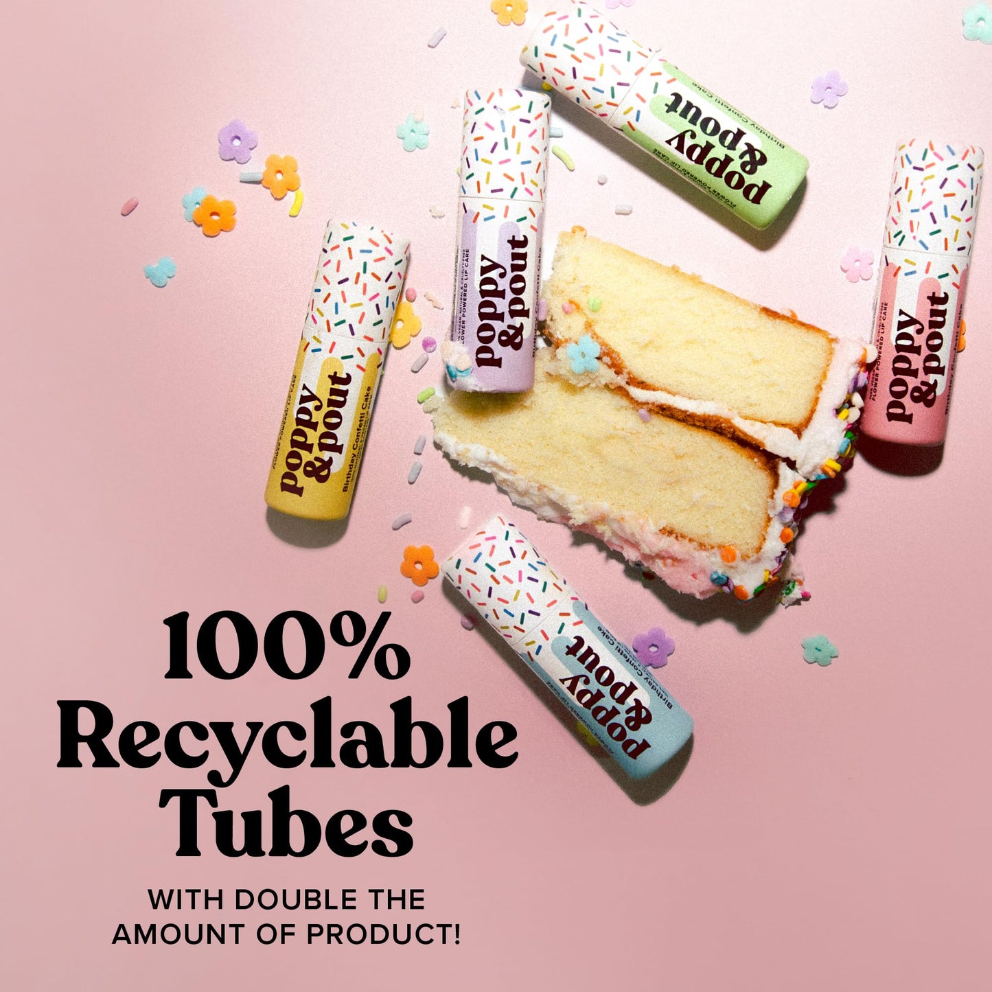Poppy & Pout All Natural Vegan Lip Balm | Birthday Confetti Cake | Cardboard Tube, Moisturizing, Cruelty Free, Made In Usa (Pink