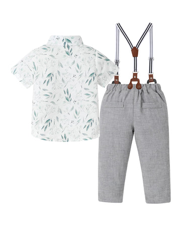 Baby Boy Dress Clothes Set Printed Shirt Grey Suspender Pants Outfits Toddler Boy 12 Months 18 Months 12-18