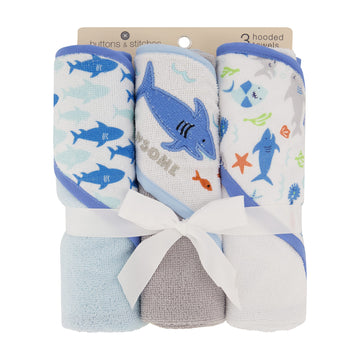 Cudlie Buttons & Stitches Baby Boy 3 Pack Rolled/Carded Hooded Towels In Jawsome Print (Gs71723)
