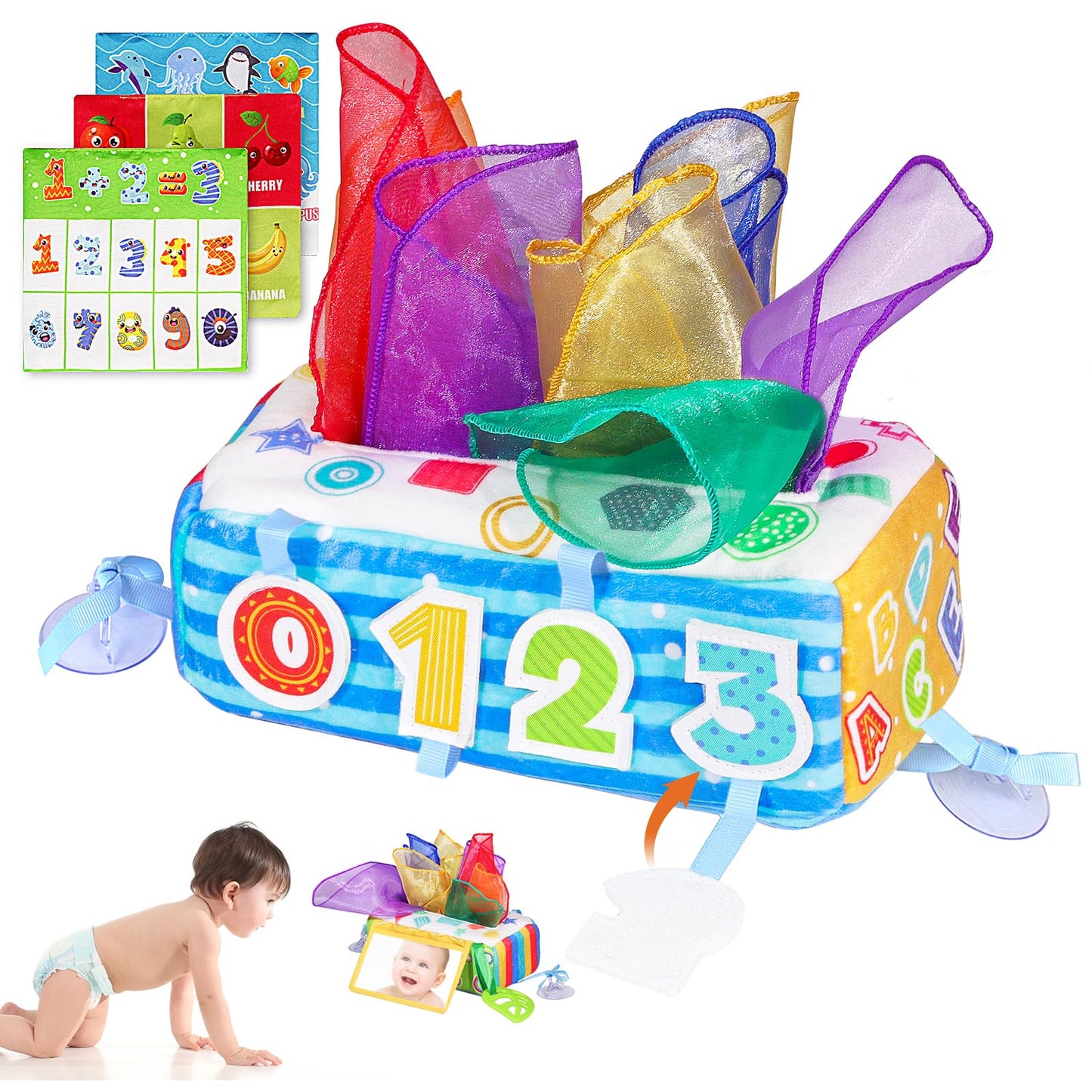 VPOJOY Baby Tissue Box Toy, Soft Montessori Tissue Box Baby Toys 6 to 12 Months, High Contrast Crinkle Paper Sensory Silk Scarve