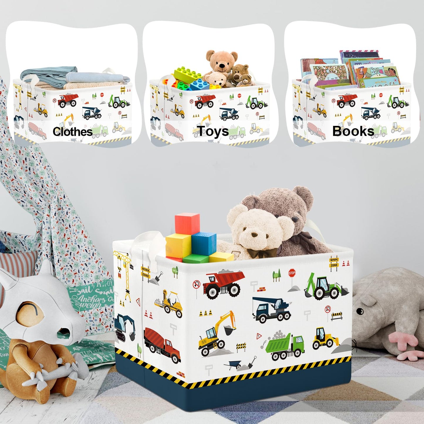 Clastyle Cartoon Construction Truck Shelf Basket Nursery Boy Room Car Decor Gift Basket Rectangle Bulldozer Excavator Basket Blu