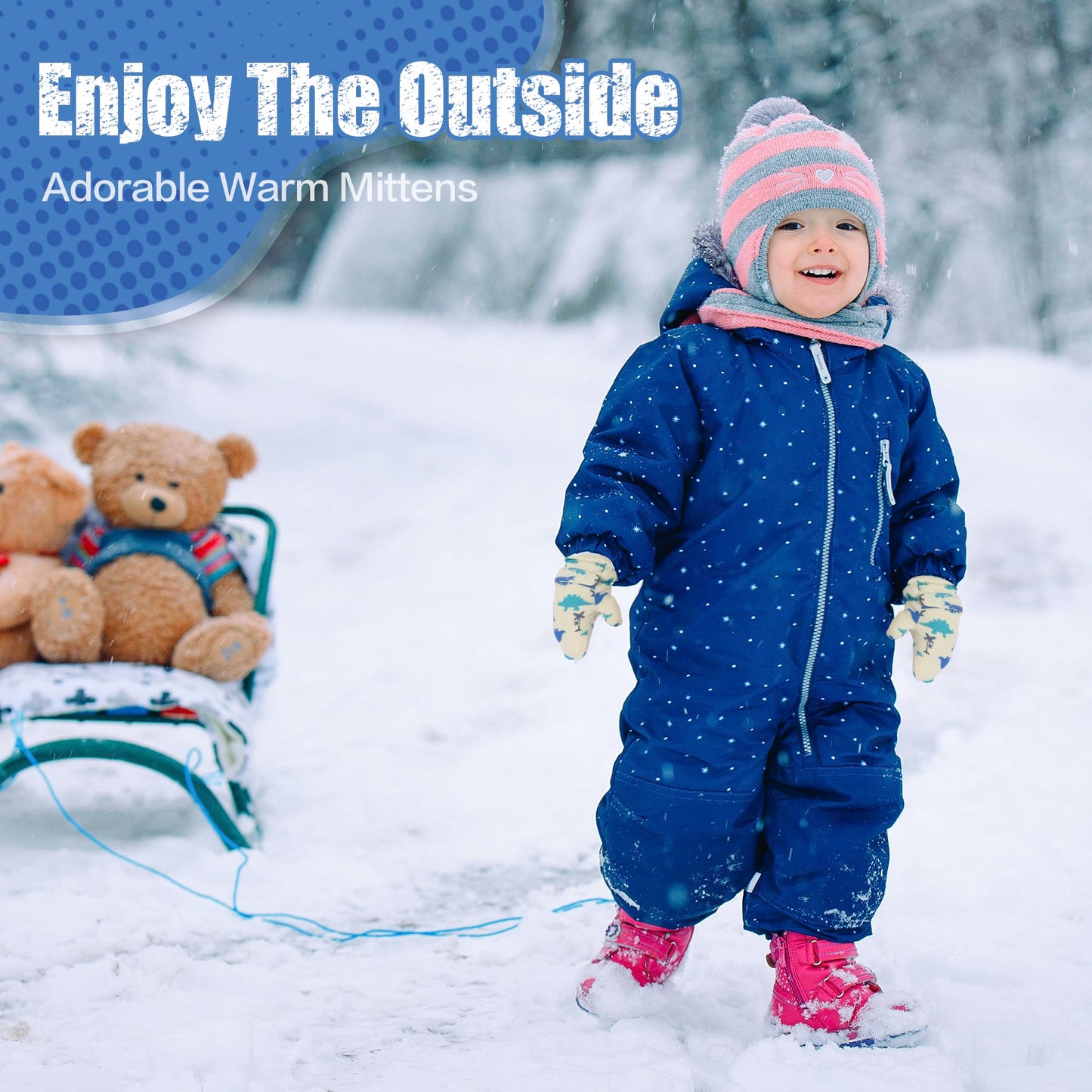 Fynnsure Toddler Mittens Baby Waterproof Snow Gloves Kids Ski Snow Gloves Cold Weather Mittens For Boys Girls Ivory White Dinosa