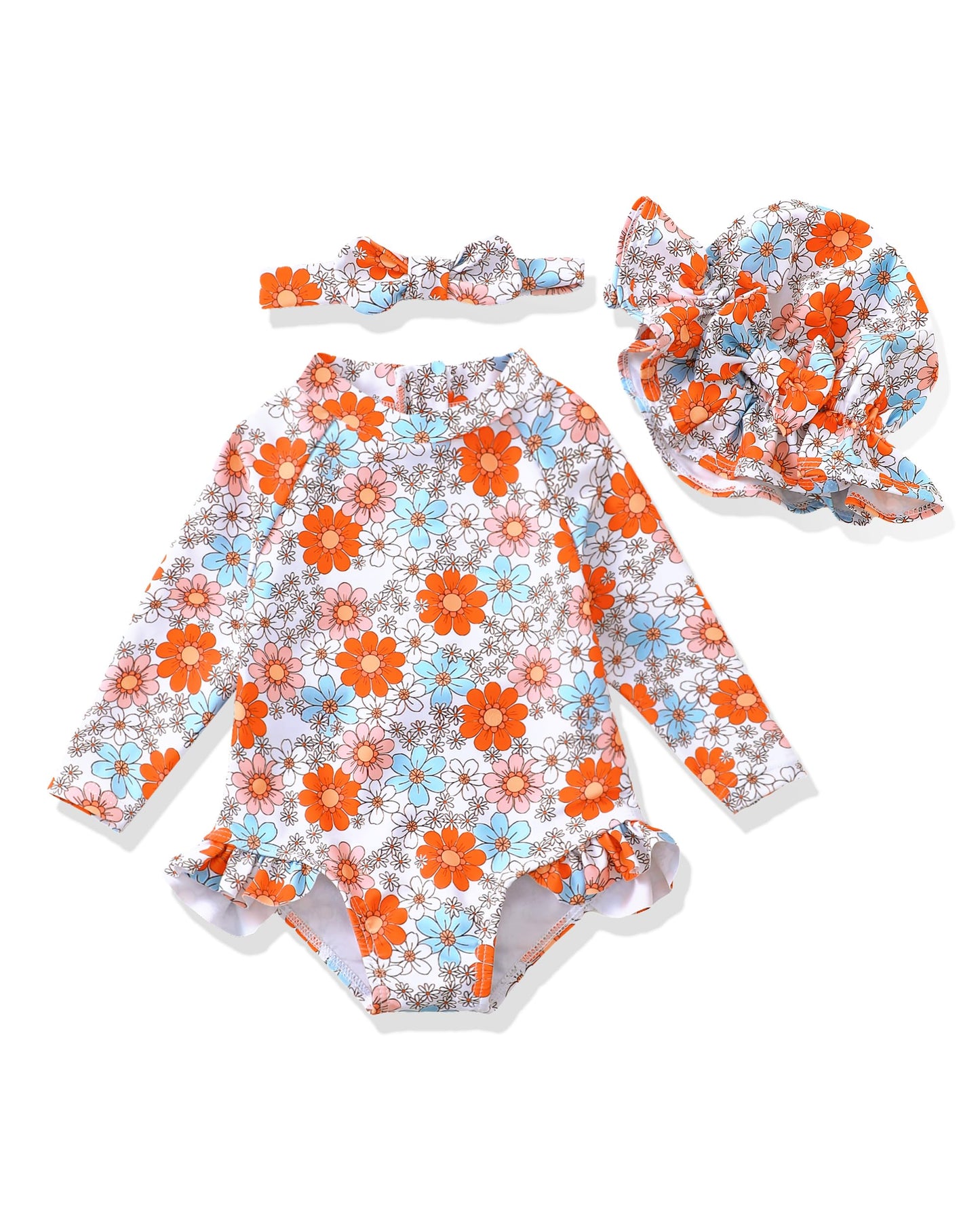 Baby Girl Swimsuit 12-18 Months 18 Month Swimsuit Girl Long Sleeve Swimsuit Ruffle One-Piece Rash Guard Orange Daisy Baby Bathin