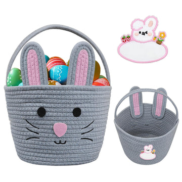 Brbecon Easter Bunny Basket For Kids With Name Tag, Grey Small Woven Easter Basket For Girls, Easter Egg Hunt Baskets Bags Easte