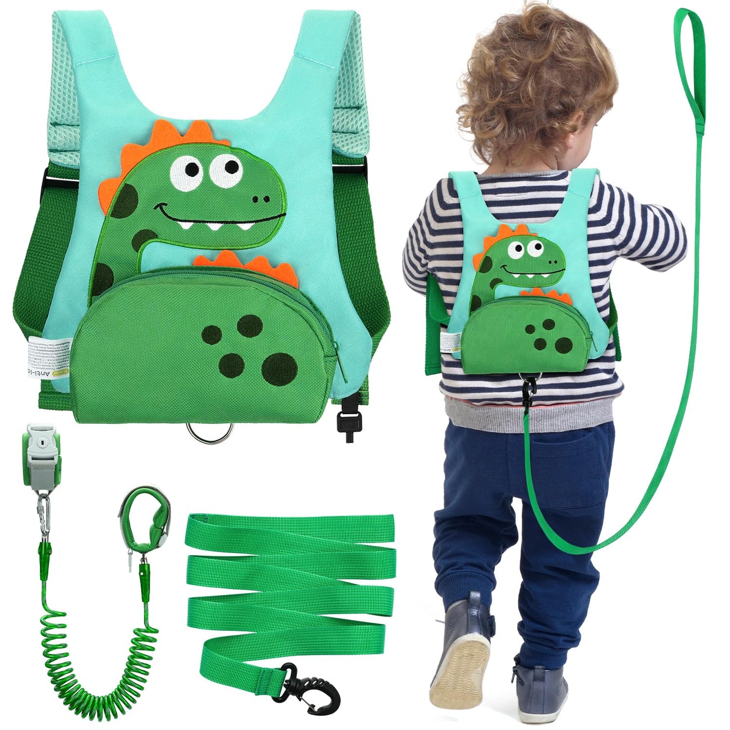 Dr.Meter 3 In 1 Toddler Harness Leash + 8.2Ft Anti Lost Wrist Link, Cute Dinosaur Kids Safety Harness Tether With Key Lock, Chil